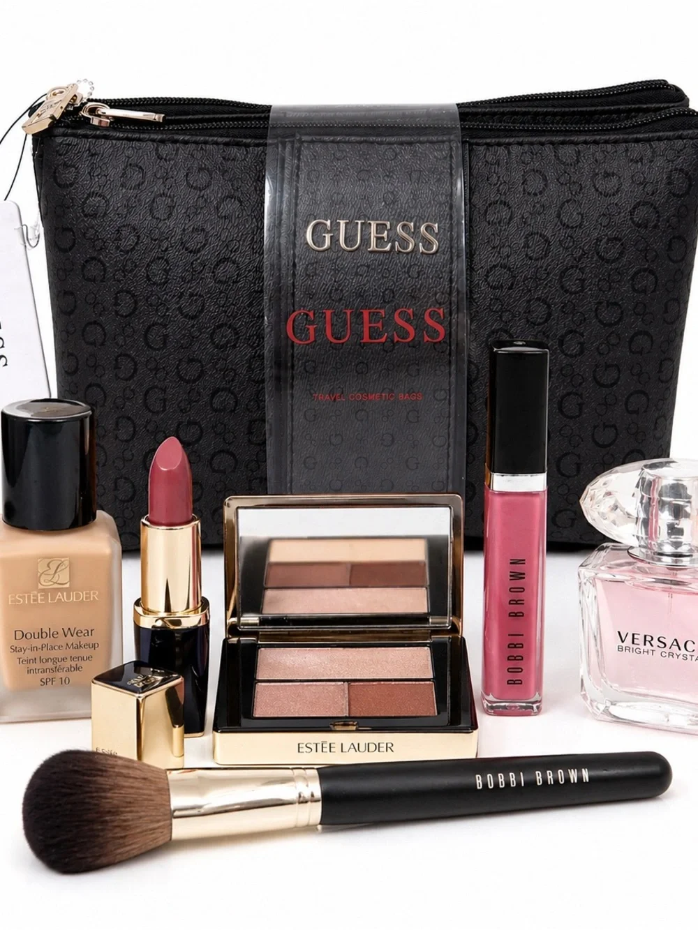 Guess Embossed Cosmetic Pouch Bag 2 pcs Set Full Zipper Black With Print logo